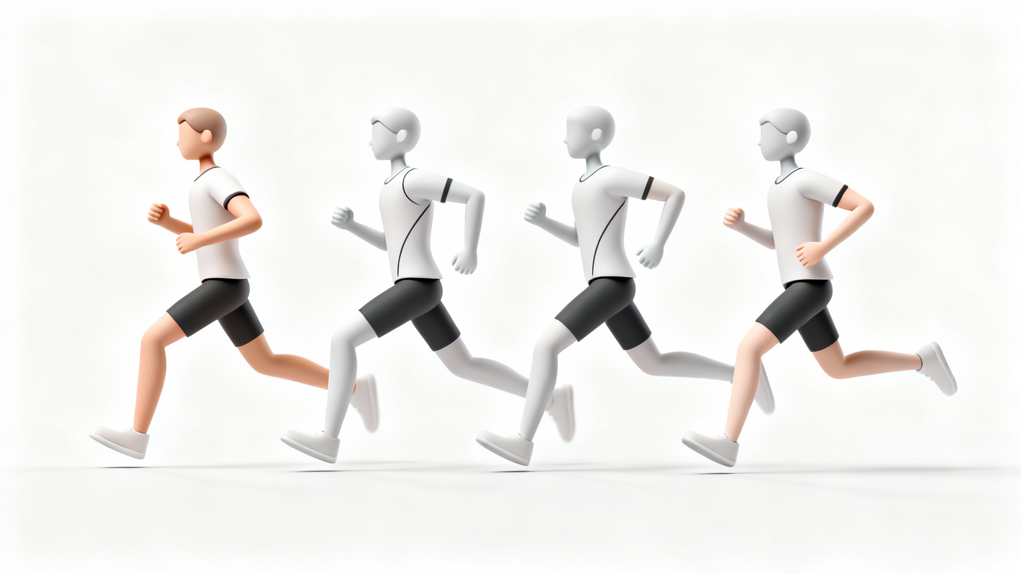 An illustration showing the keyframes of a running cycle animation, with a character in four sequential poses against a white background.