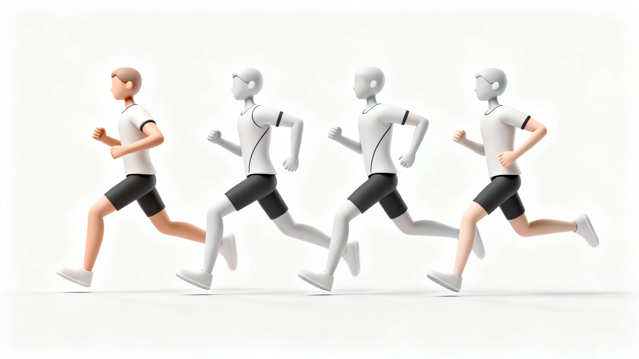 An illustration showing the keyframes of a running cycle animation, with a character in four sequential poses against a white background.