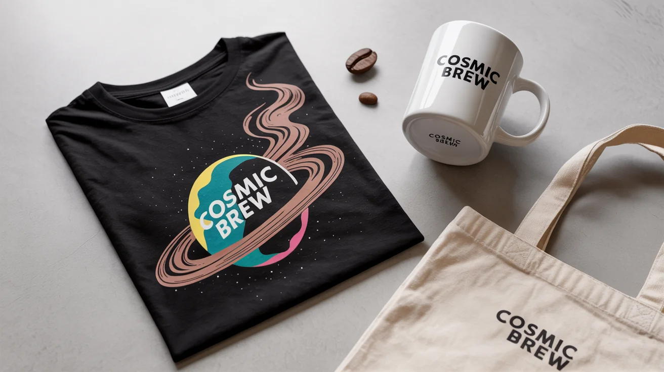 A collection of custom-designed merchandise, including a t-shirt, mug, and tote bag with a cohesive space and coffee theme, arranged neatly on a clean background to showcase a professional final product.