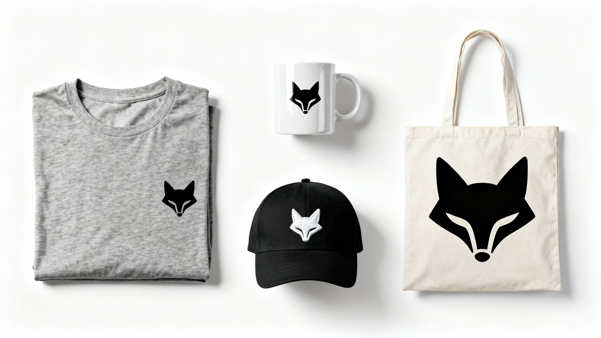 A collection of branded merchandise including a t-shirt, mug, baseball cap, and tote bag, all featuring a minimalist fox logo, arranged in a flat lay on a white background.