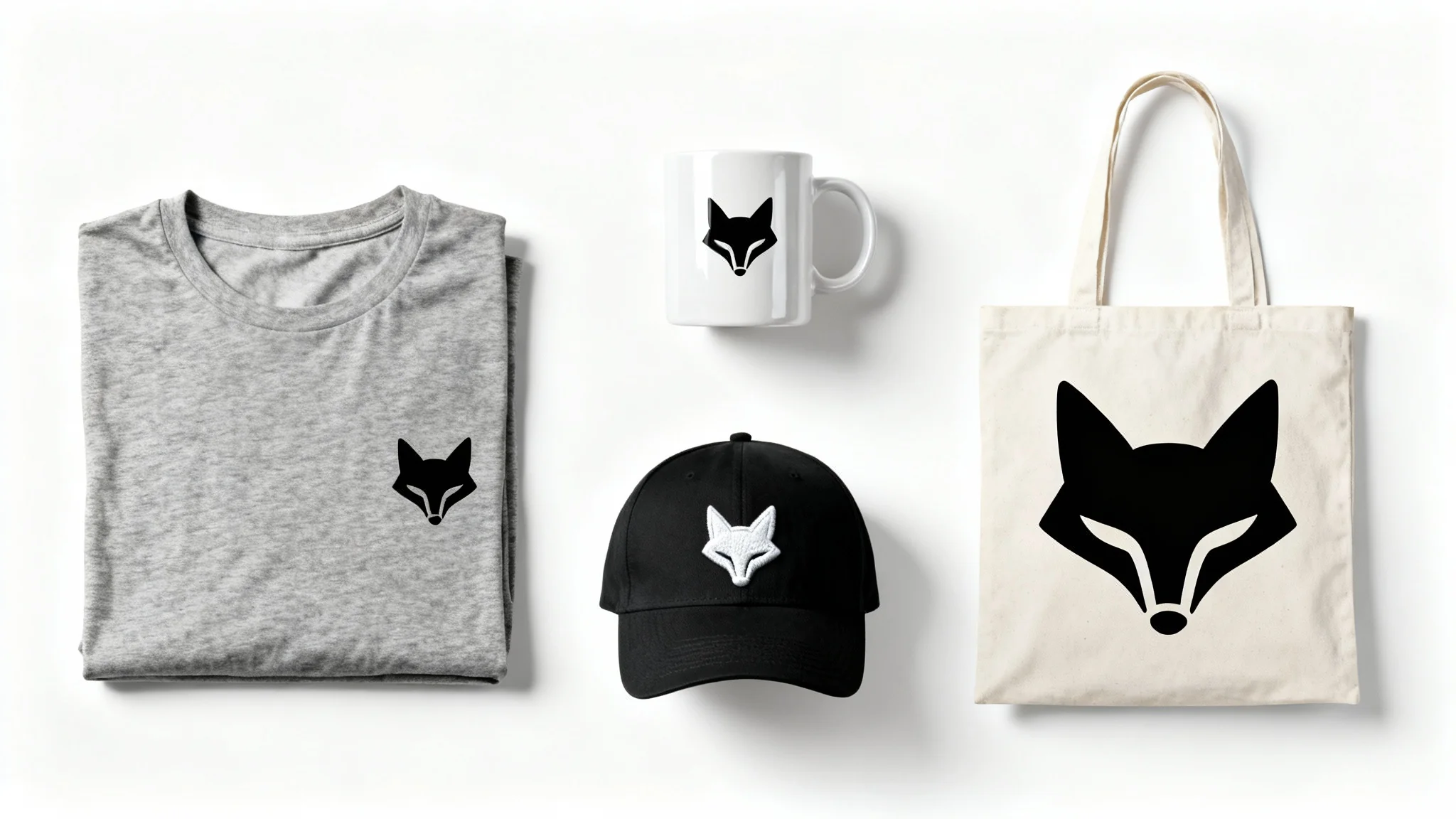 A collection of branded merchandise including a t-shirt, mug, baseball cap, and tote bag, all featuring a minimalist fox logo, arranged in a flat lay on a white background.