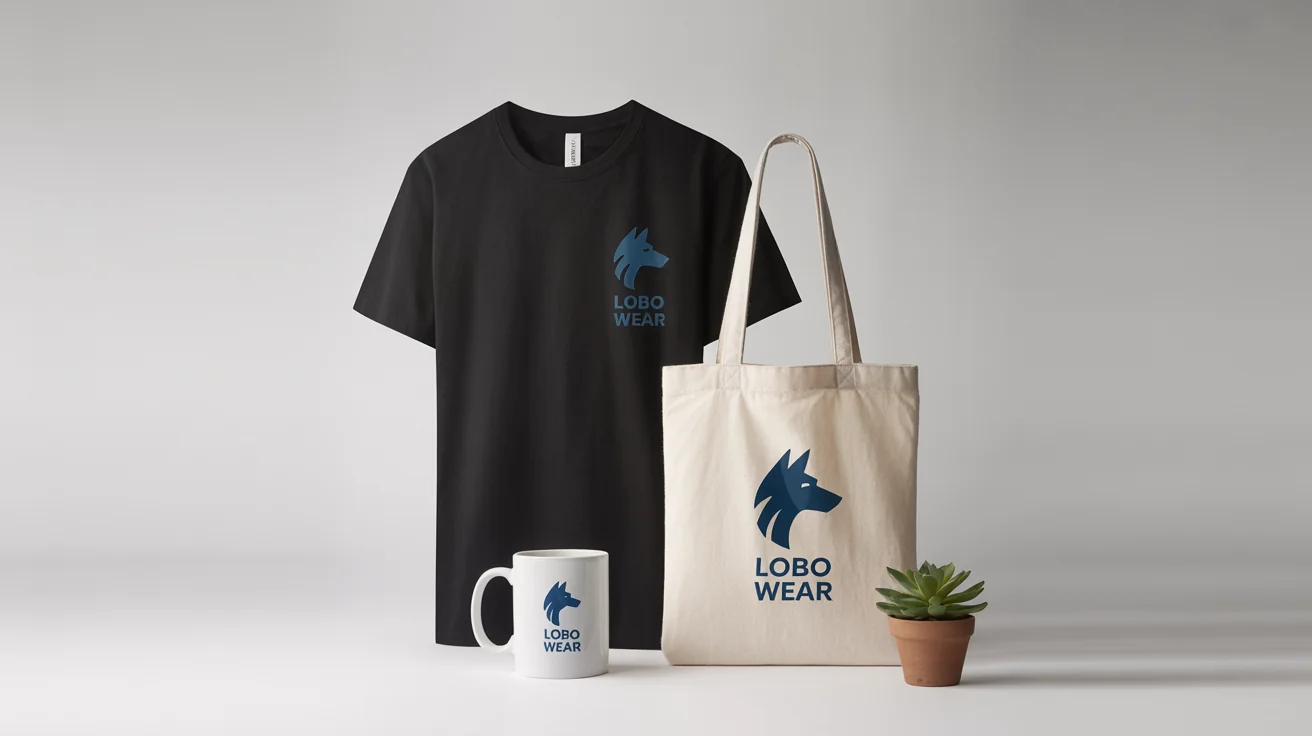 A professional mockup of a merchandise collection, including a black t-shirt, a white mug, and a canvas tote bag, all branded with a blue geometric wolf logo and the text 'Lobo Wear' against a clean white background.