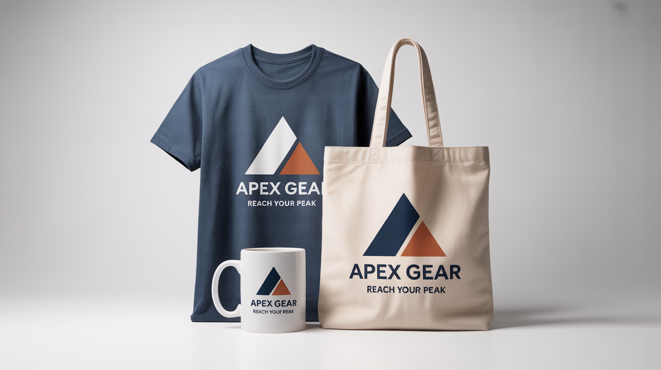 A professional product mockup of branded merchandise, including a gray t-shirt, a white mug, and a canvas tote bag, all displaying a modern mountain logo and the text 'Apex Gear' on a clean white background.