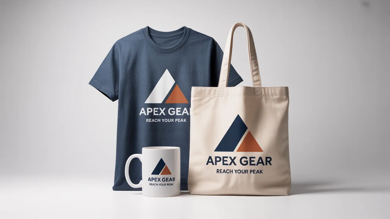 A professional product mockup of branded merchandise, including a gray t-shirt, a white mug, and a canvas tote bag, all displaying a modern mountain logo and the text 'Apex Gear' on a clean white background.