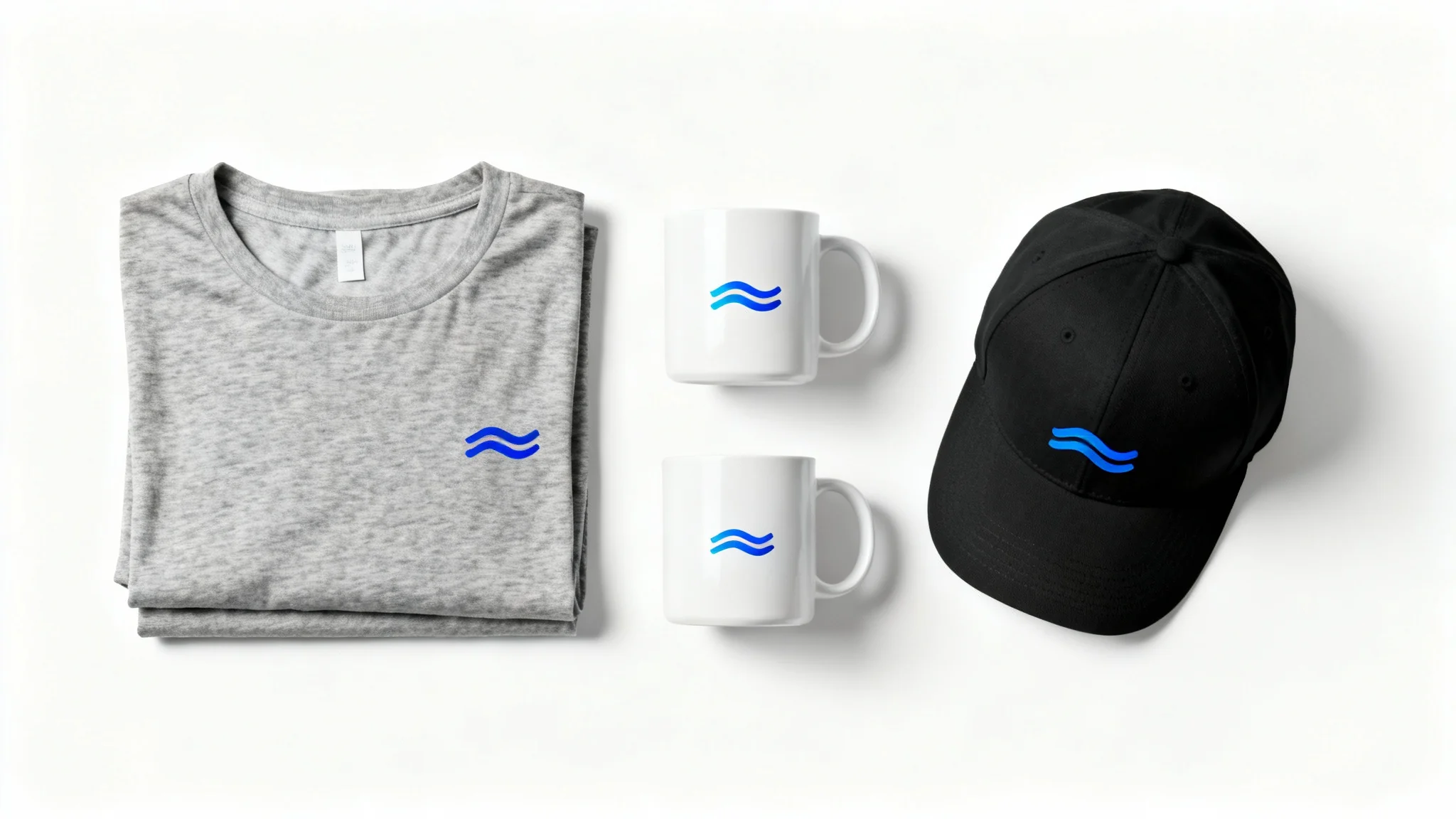 A flat lay image of a merchandise collection including a grey t-shirt, a white mug, and a black cap, all featuring a blue wave logo, on a white background.