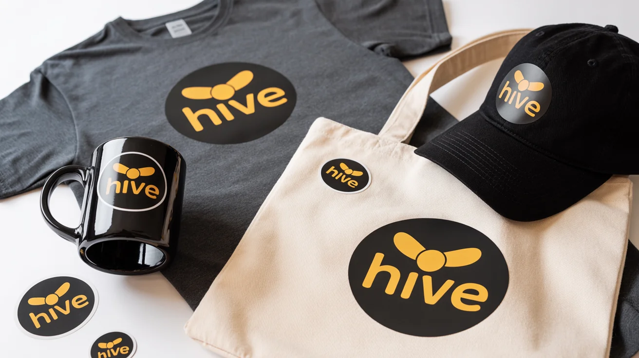 A flat lay photograph of branded merchandise on a white background, including a t-shirt, mug, tote bag, and cap, all featuring a modern honeybee logo with the word 'HIVE'.