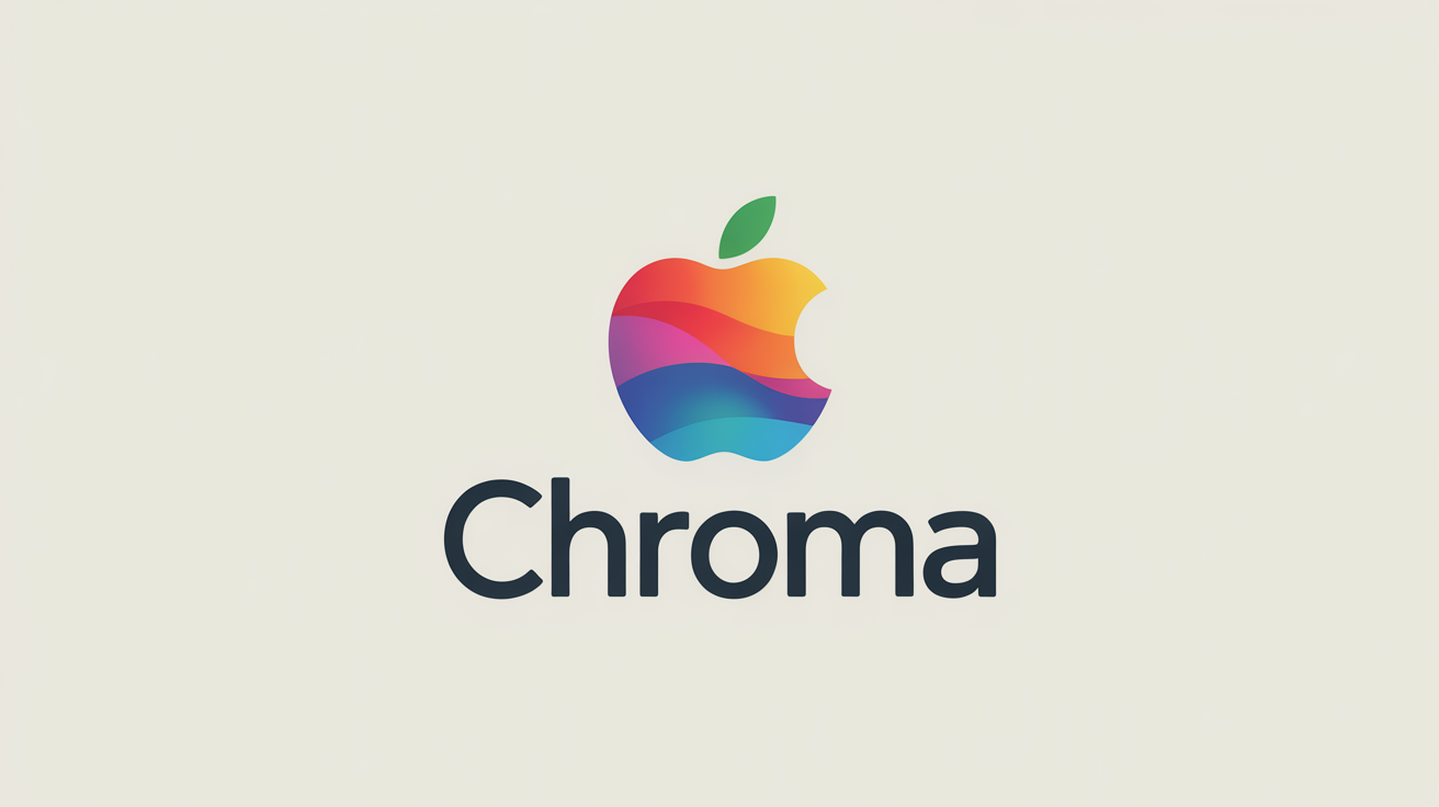 A modern logo of an apple filled with a rainbow gradient and a bite mark, with the word 'Chroma' written below it, centered on a light background.