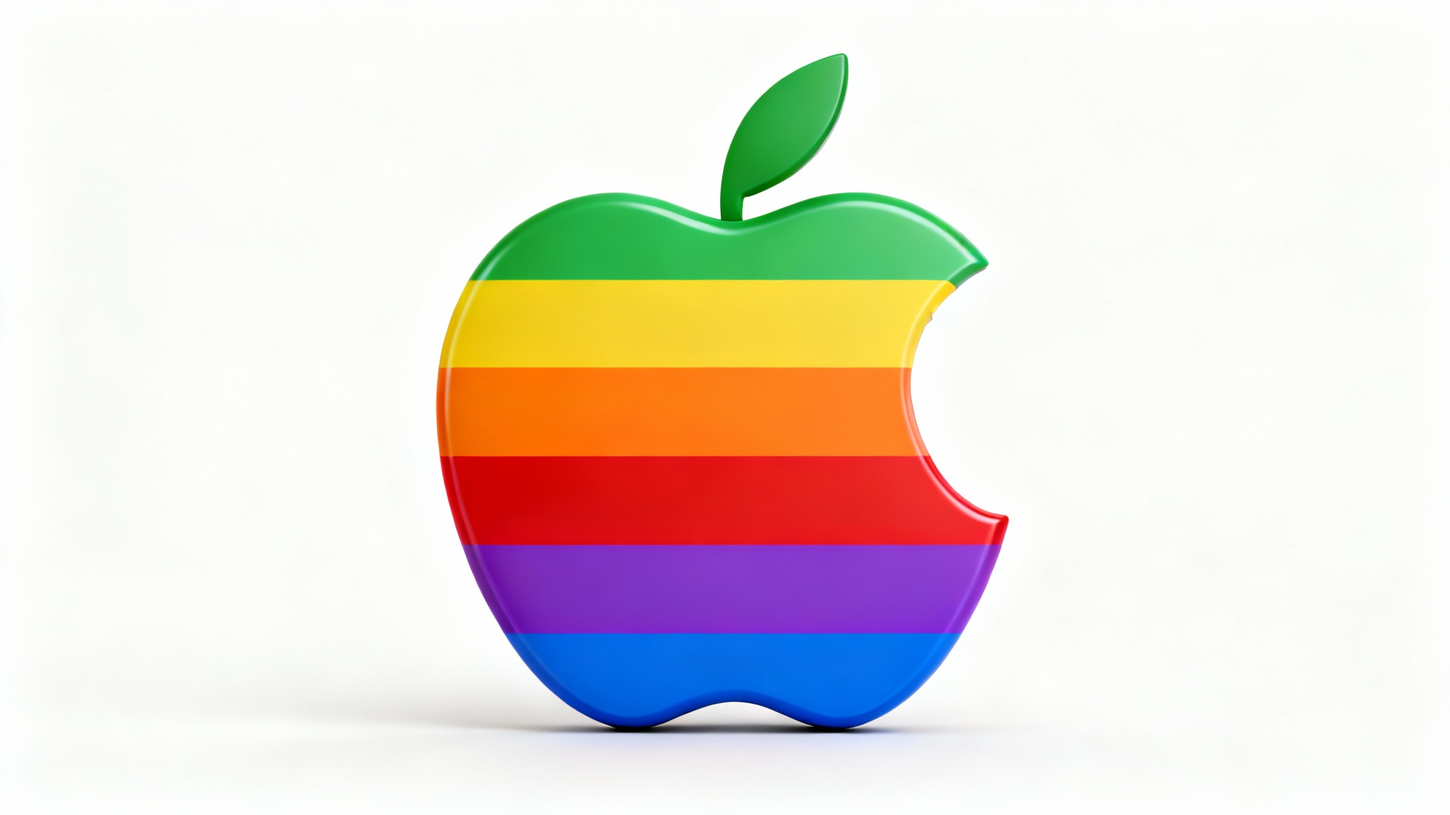 A digital render of the vintage rainbow Apple logo, featuring six horizontal colored stripes and a bite taken out of the side, displayed on a clean white background.