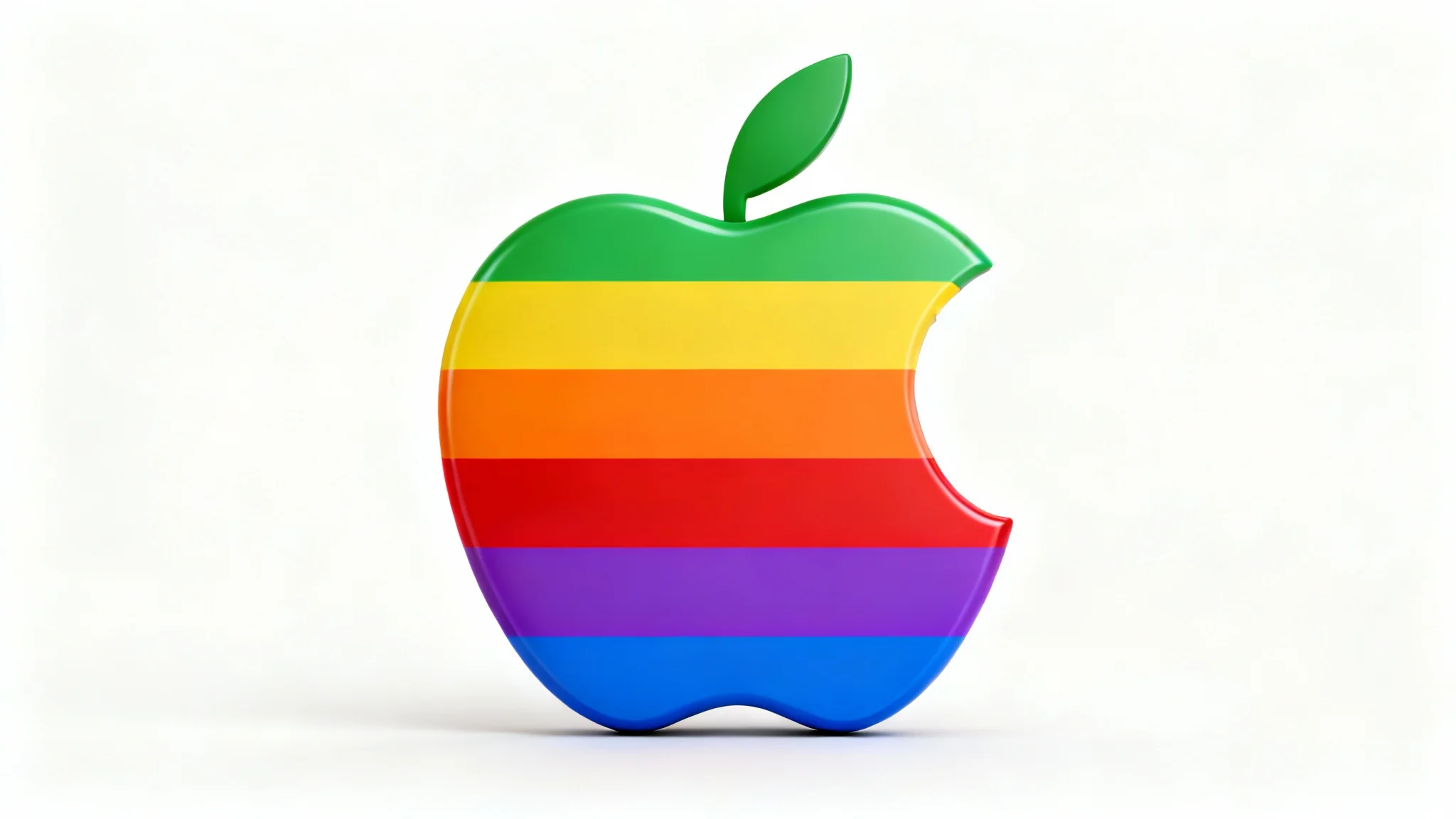 A digital render of the vintage rainbow Apple logo, featuring six horizontal colored stripes and a bite taken out of the side, displayed on a clean white background.