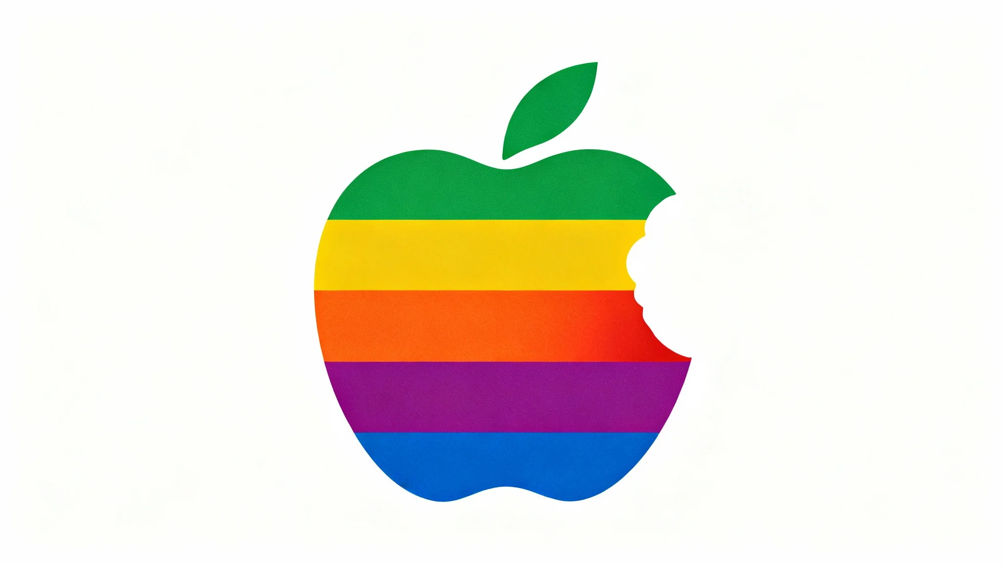 The classic rainbow Apple logo, featuring six horizontal stripes of color in the order of green, yellow, orange, red, violet, and blue, set against a plain white background.