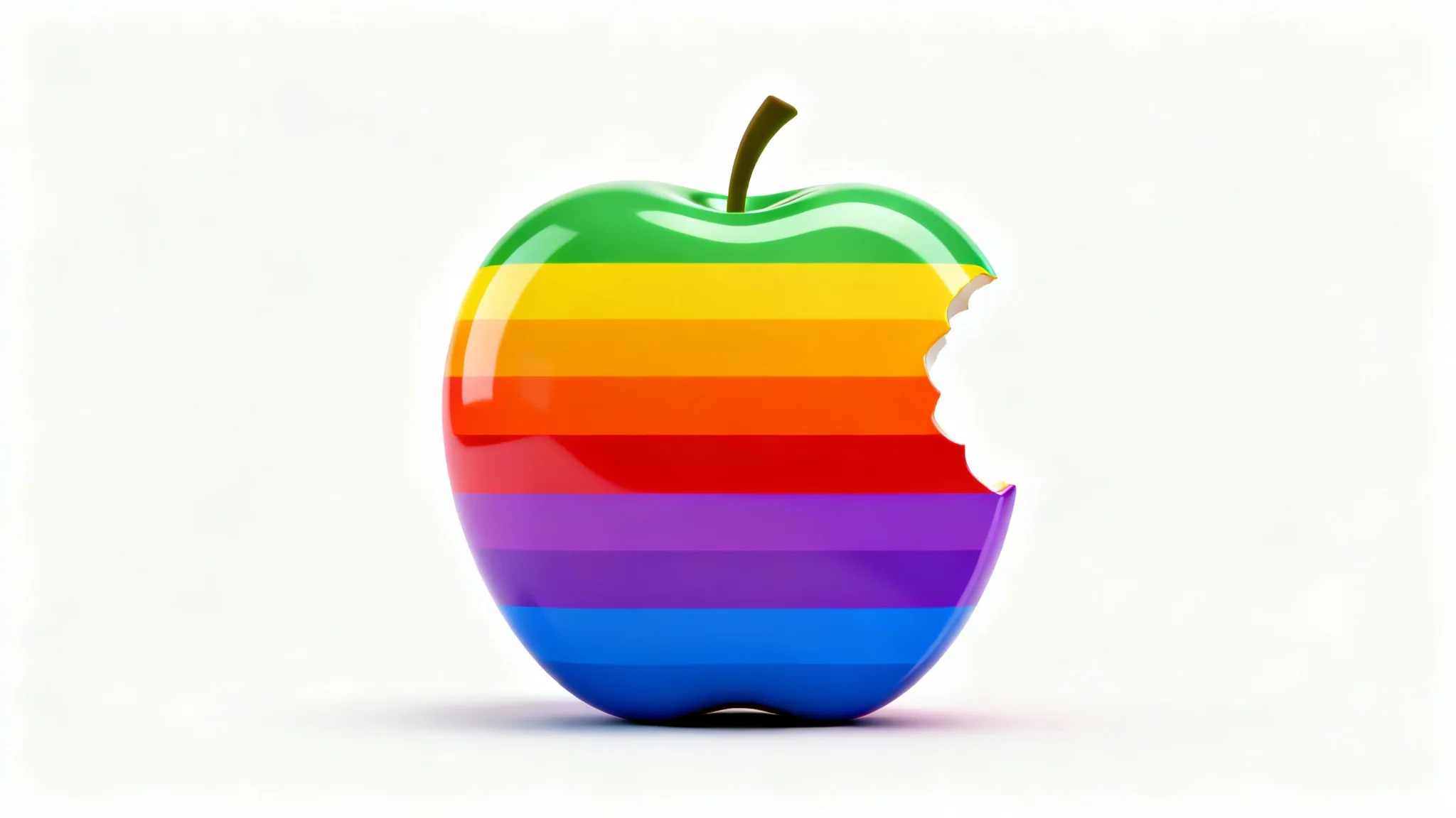 A photorealistic mockup of the classic Apple logo with horizontal rainbow stripes, set against a clean white background.