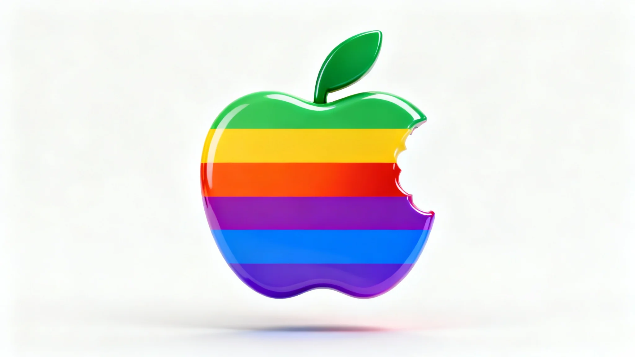 A 3D rendered, glossy apple logo with horizontal rainbow stripes, isolated on a clean white background.