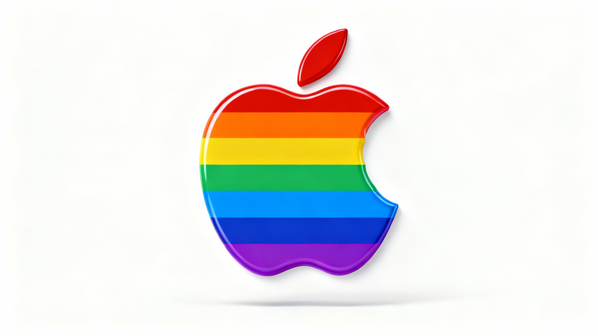A modern, glossy logo of an apple with a bite taken out, featuring vibrant horizontal rainbow stripes against a clean white background.