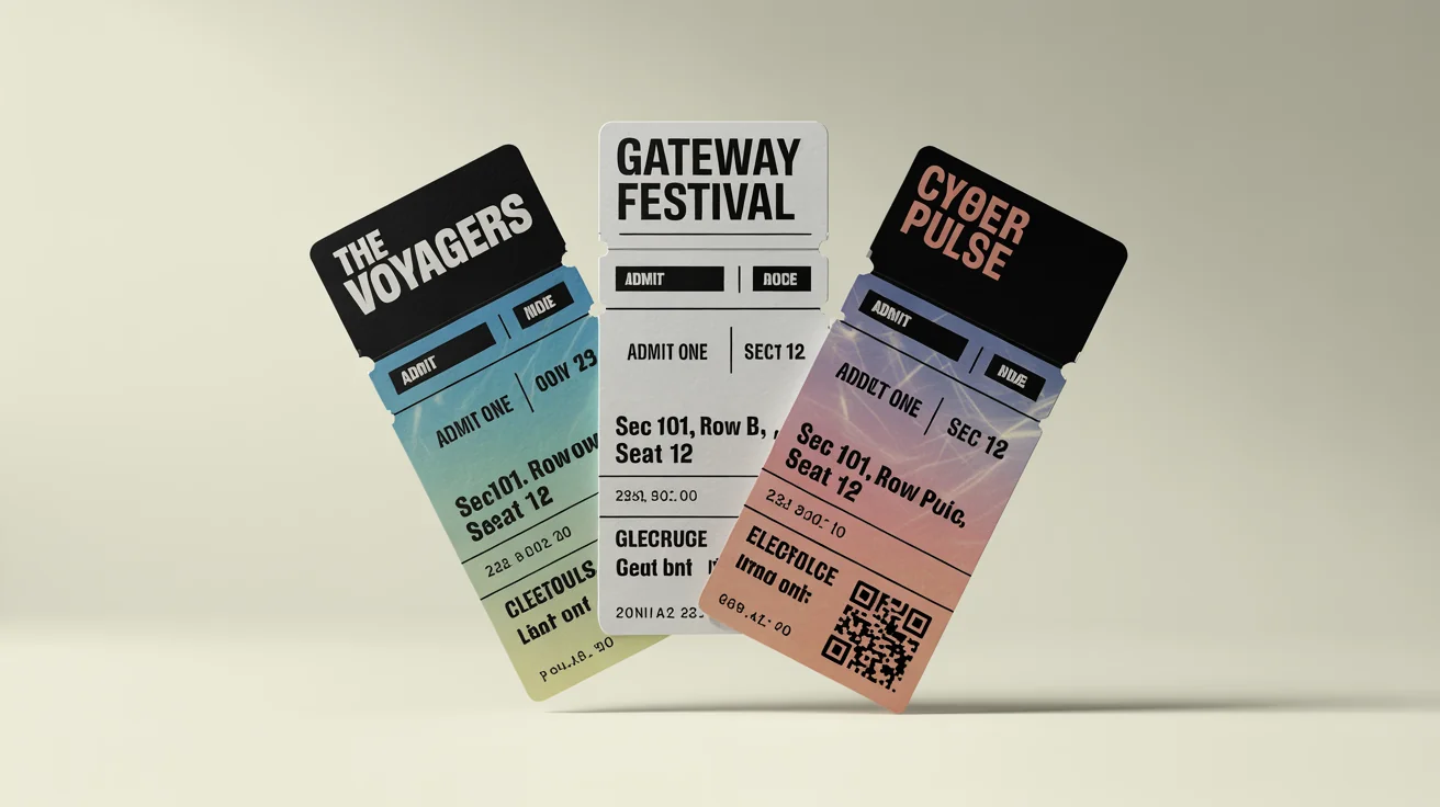 An eye-catching arrangement of three professionally designed concert tickets for different music genres, showcasing the final output of a ticket design template.