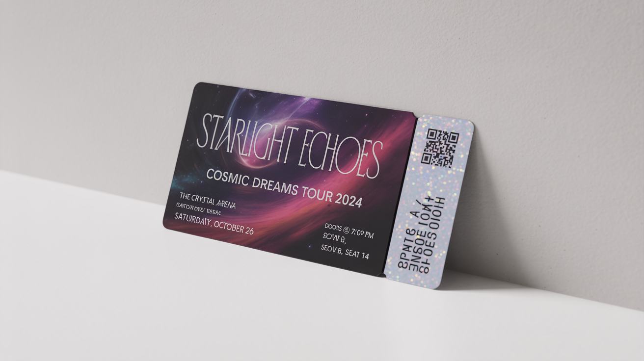 A photorealistic mockup of a modern concert ticket for the 'Starlight Echoes' 'Cosmic Dreams Tour', featuring a vibrant galaxy design, lying on a clean white background.