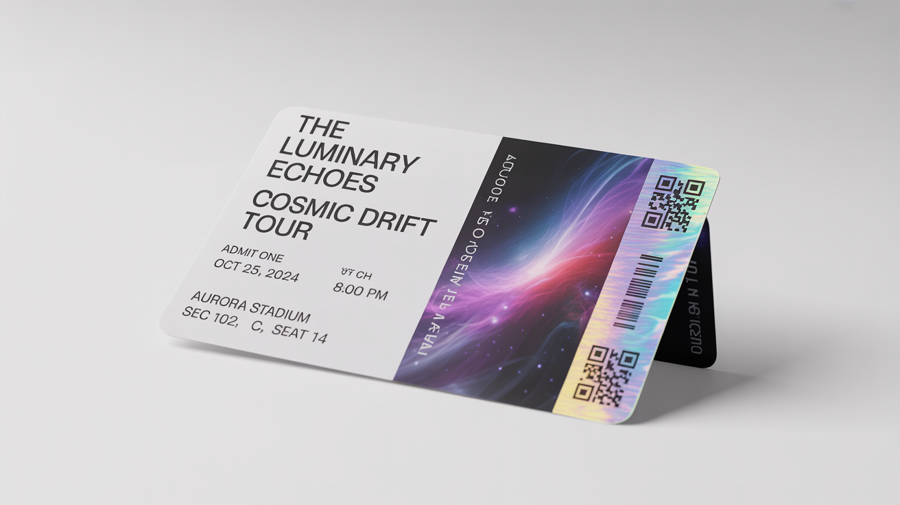 A photorealistic mockup of a modern concert ticket for 'The Luminary Echoes' on their 'Cosmic Drift Tour', displayed on a clean white surface.
