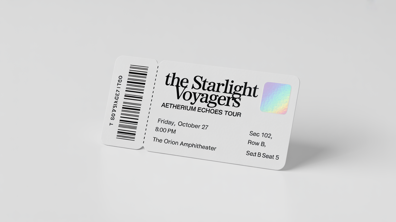 A mockup of a modern concert ticket for a band called 'The Starlight Voyagers', showing the event date, venue, and seat number on a clean white background.