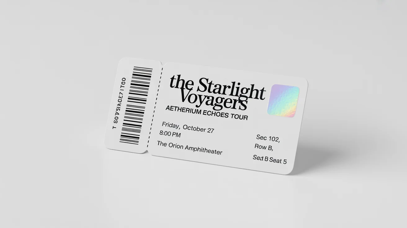 A mockup of a modern concert ticket for a band called 'The Starlight Voyagers', showing the event date, venue, and seat number on a clean white background.