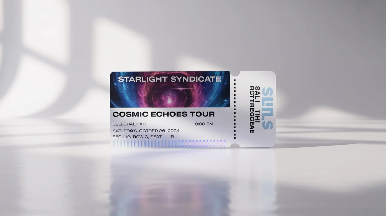 A photorealistic mockup of a modern concert ticket for the 'Starlight Syndicate' with a celestial design, shown at an angle on a plain white background.