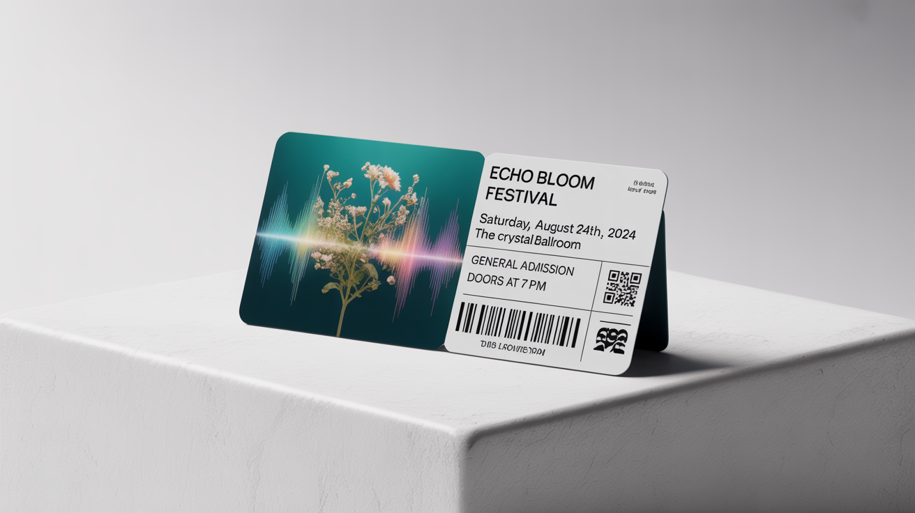 A professionally designed concert ticket for the 'Echo Bloom Festival' lying on a white surface, showcasing its modern design and event details.