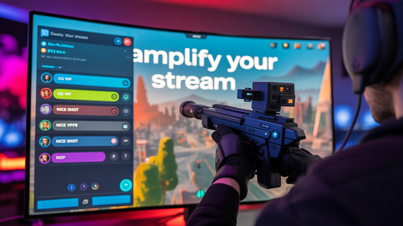 A professional Discord chat overlay integrated into a live gaming stream, showing stylized chat messages on top of vibrant first-person shooter gameplay.