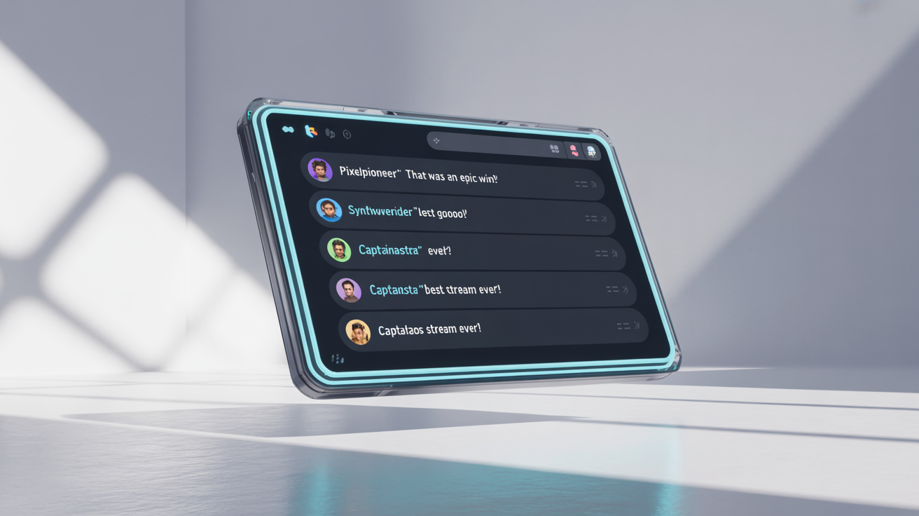 A 3D mockup of a sleek, modern Discord chat overlay with a glowing neon frame and fictional chat messages, floating against a white background.