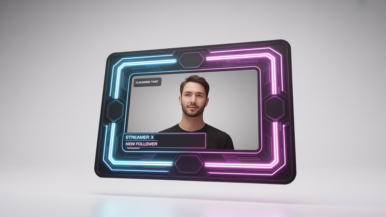 A futuristic streaming overlay for a Discord chat, featuring glowing blue and magenta neon lines and designated spaces for chat and a webcam, displayed as a product mockup on a white background.