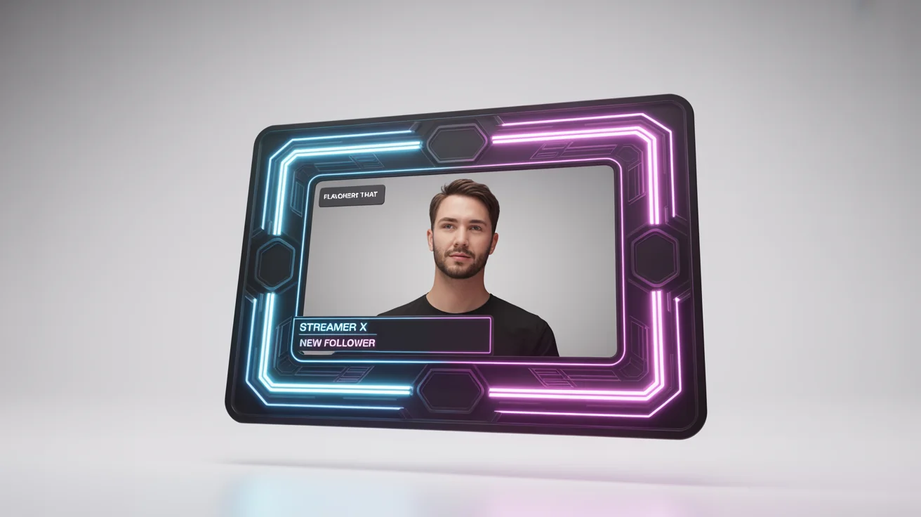 A futuristic streaming overlay for a Discord chat, featuring glowing blue and magenta neon lines and designated spaces for chat and a webcam, displayed as a product mockup on a white background.