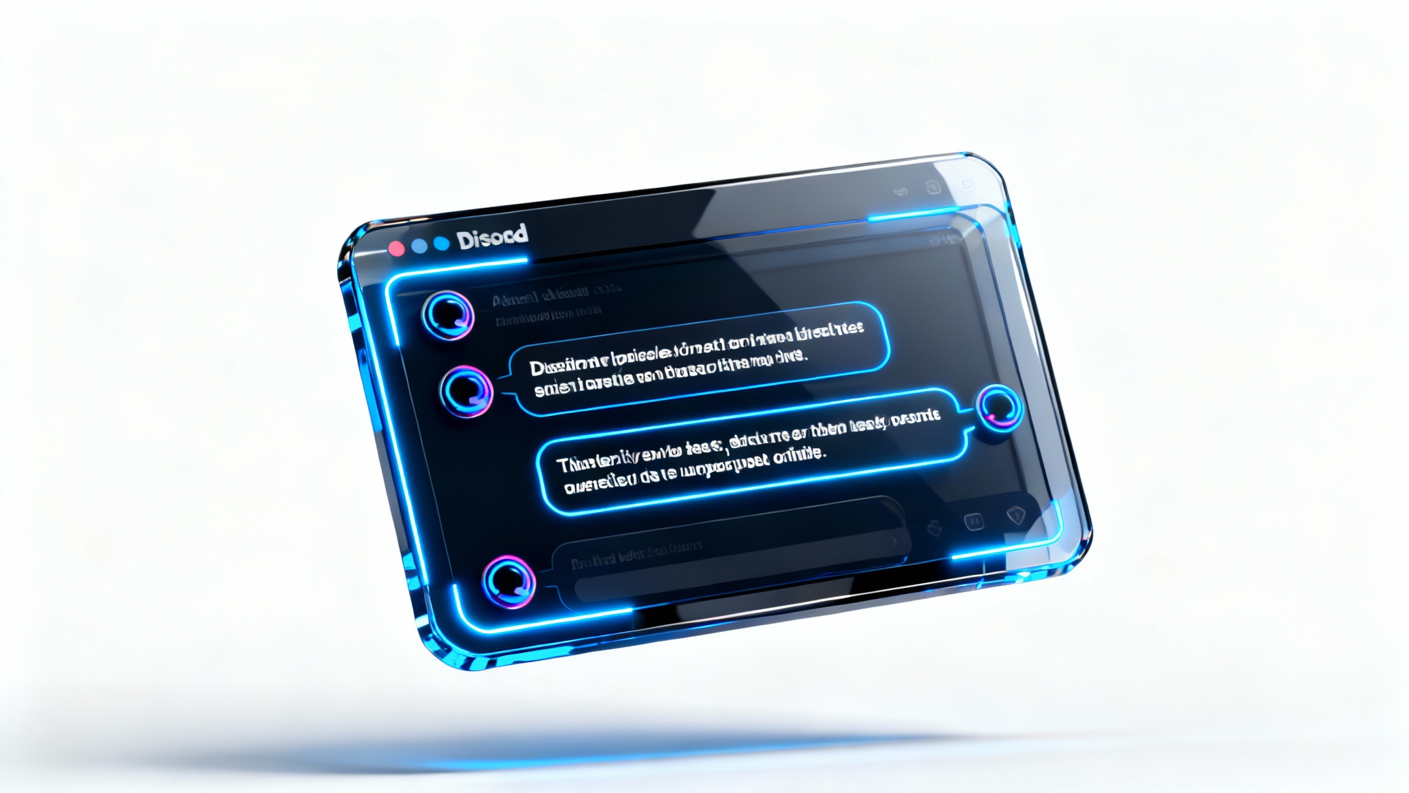 A modern, dark-themed Discord chat overlay with neon blue accents, shown floating against a white background.
