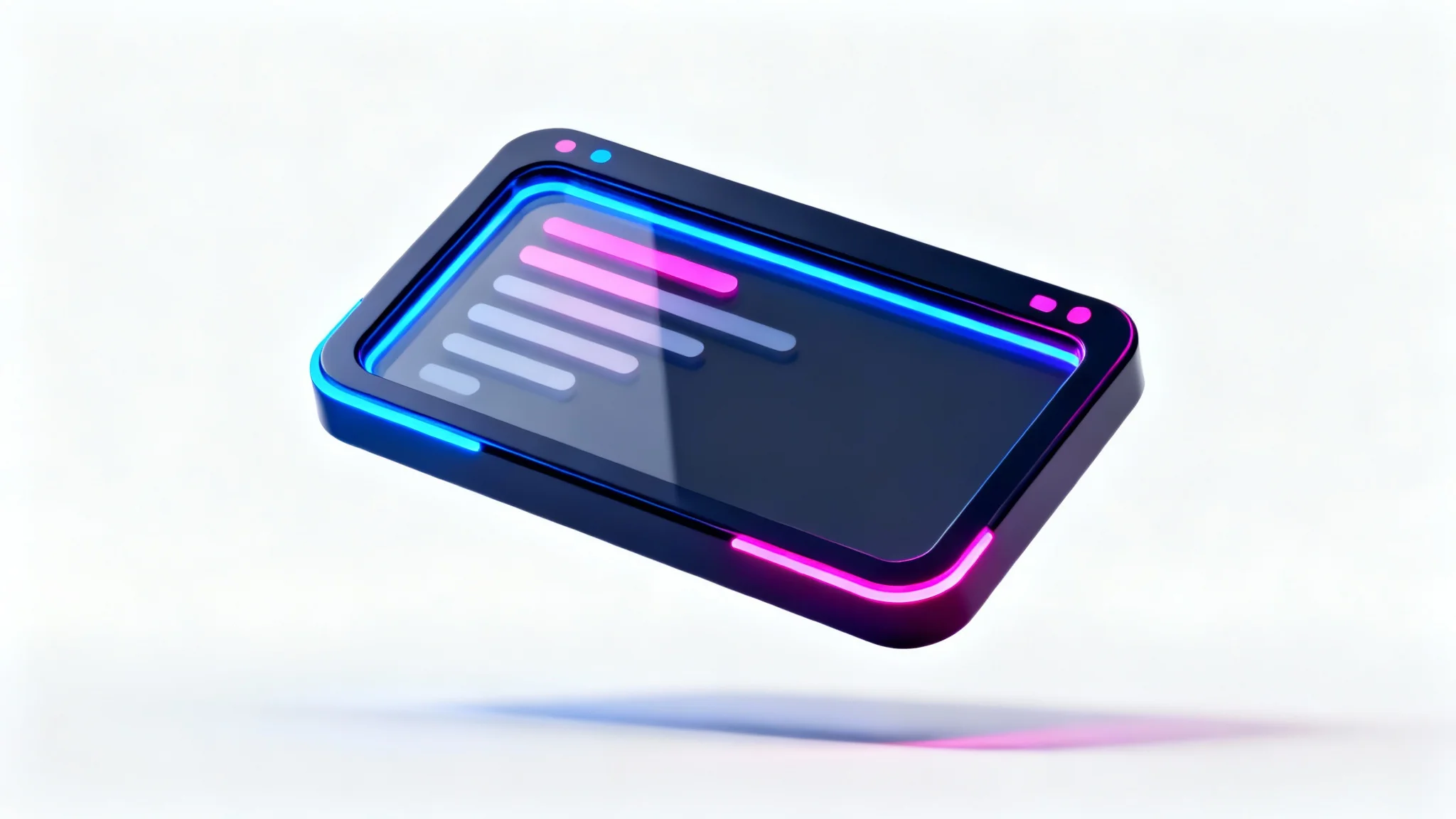 A sleek, futuristic Discord chat overlay with a dark frame, glowing blue and pink neon accents, and a semi-transparent center, floating against a clean white background.