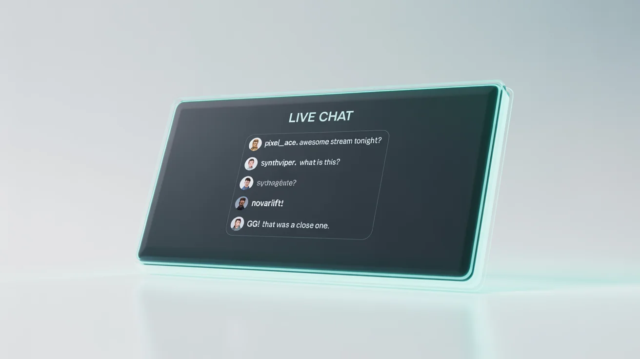 A sleek, futuristic chat overlay for a gaming stream, displayed as a floating panel with a glowing neon border against a white background, featuring fictional chat messages.