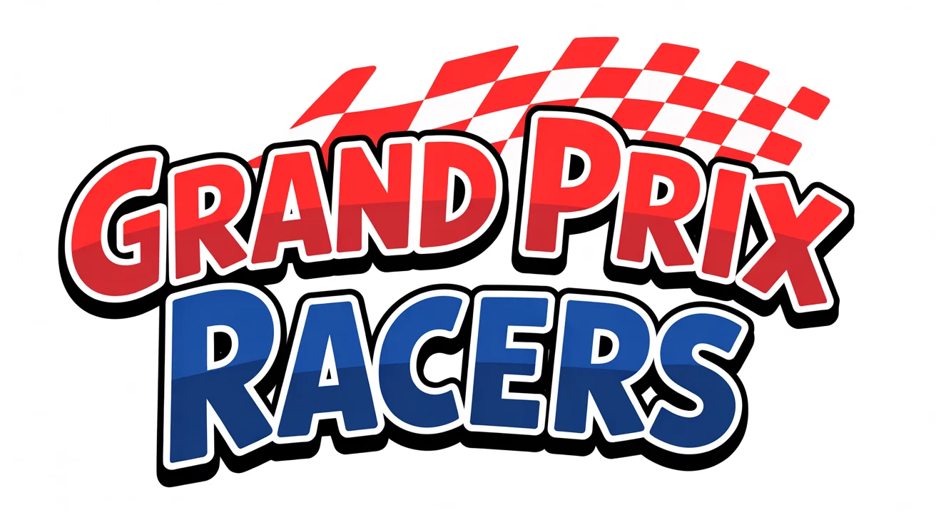 A colorful logo inspired by the Mario Kart style, featuring the text 'GRAND PRIX RACERS' in red and blue with a checkered flag, on a white background.