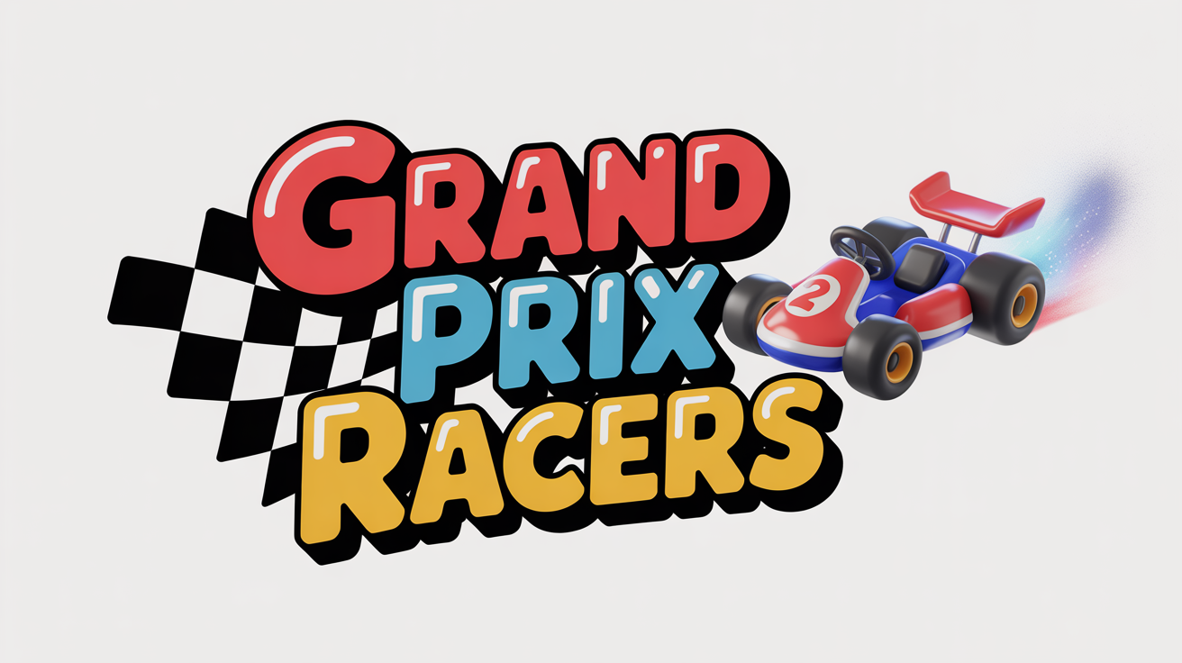 A colorful 3D logo for a fictional game called 'Grand Prix Racers,' designed in the fun, cartoonish style of Mario Kart, set against a white background.