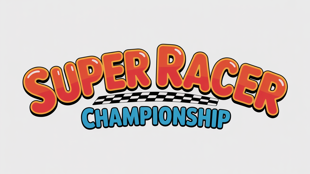 A vibrant, 3D logo inspired by Mario Kart, featuring the text 'Super Racer Championship' in colorful, playful letters against a white background with a faint checkered flag pattern.