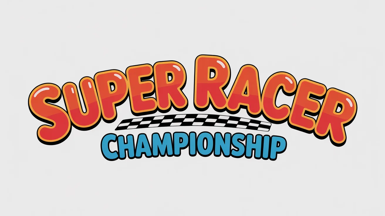 A vibrant, 3D logo inspired by Mario Kart, featuring the text 'Super Racer Championship' in colorful, playful letters against a white background with a faint checkered flag pattern.