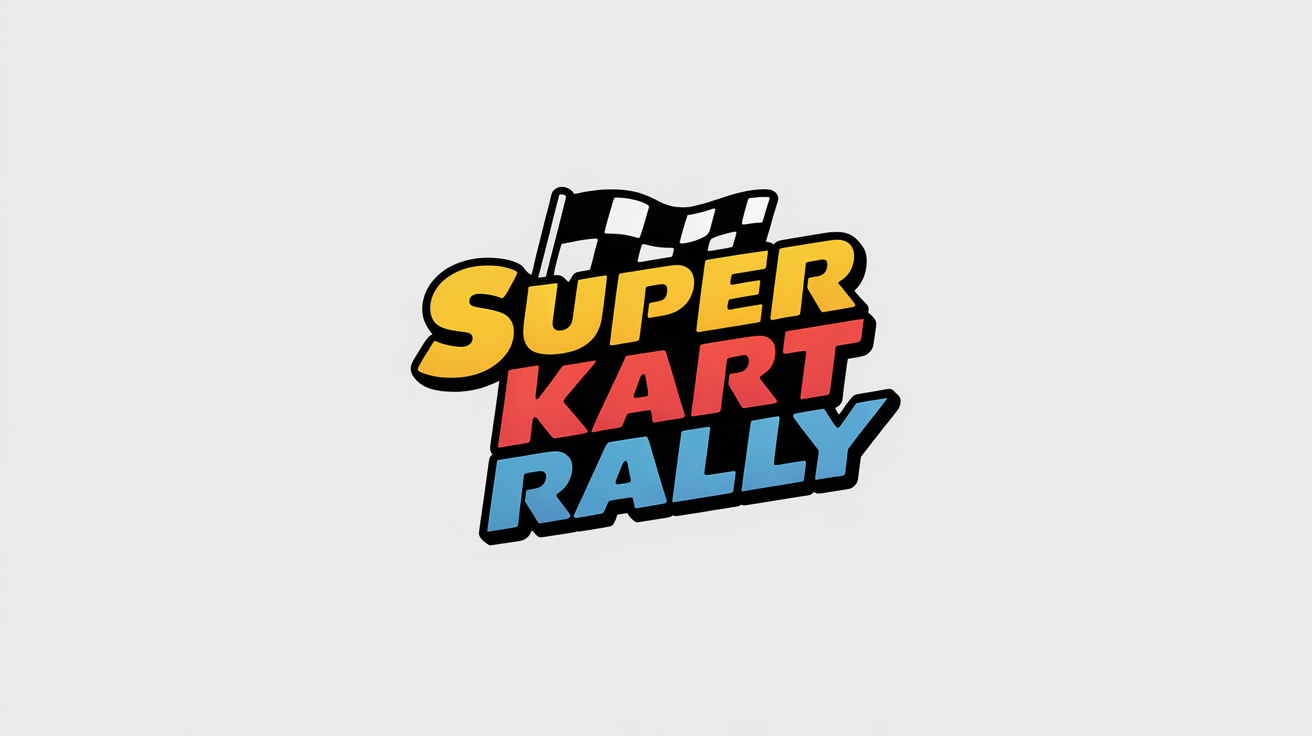 A vibrant logo mockup inspired by Mario Kart, featuring the text 'SUPER KART RALLY' in yellow, red, and blue 3D-style letters with a checkered flag behind it, all on a white background.