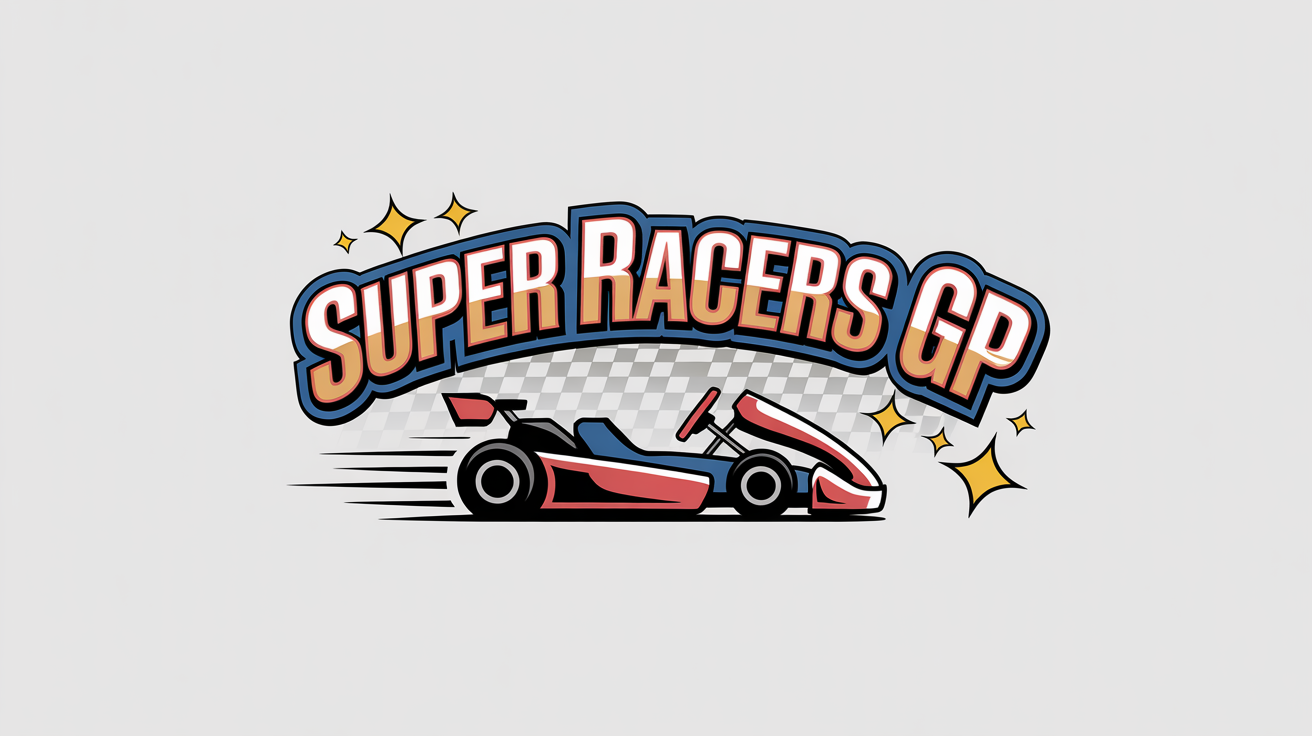 A vibrant, cartoon-style logo inspired by Mario Kart, featuring the text 'SUPER RACERS GP' over a speeding go-kart on a white background.