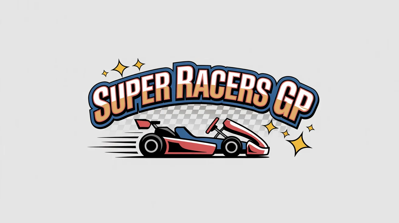 A vibrant, cartoon-style logo inspired by Mario Kart, featuring the text 'SUPER RACERS GP' over a speeding go-kart on a white background.