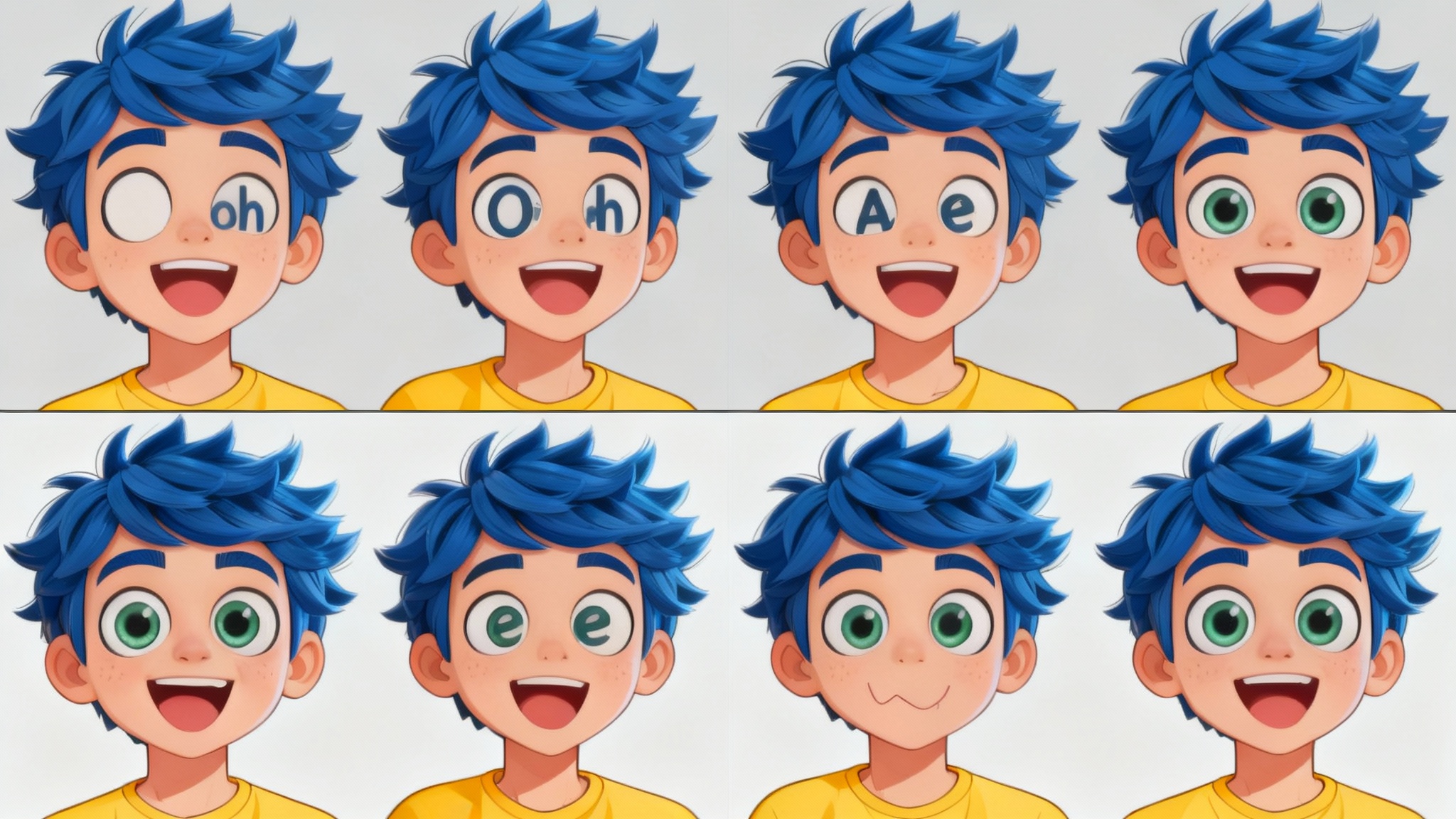 A sequence of four animation frames showing a cartoon man with blue spiky hair speaking. Each frame displays a different mouth shape to illustrate the result of a lip sync animation tool.