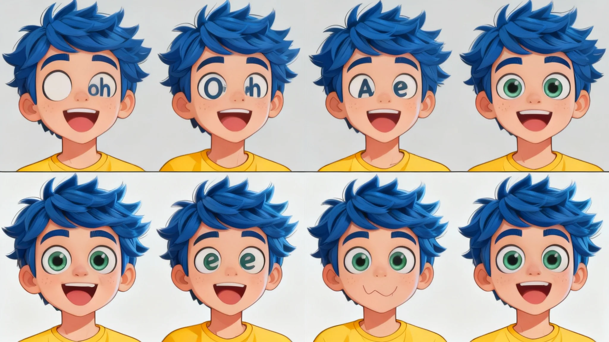A sequence of four animation frames showing a cartoon man with blue spiky hair speaking. Each frame displays a different mouth shape to illustrate the result of a lip sync animation tool.