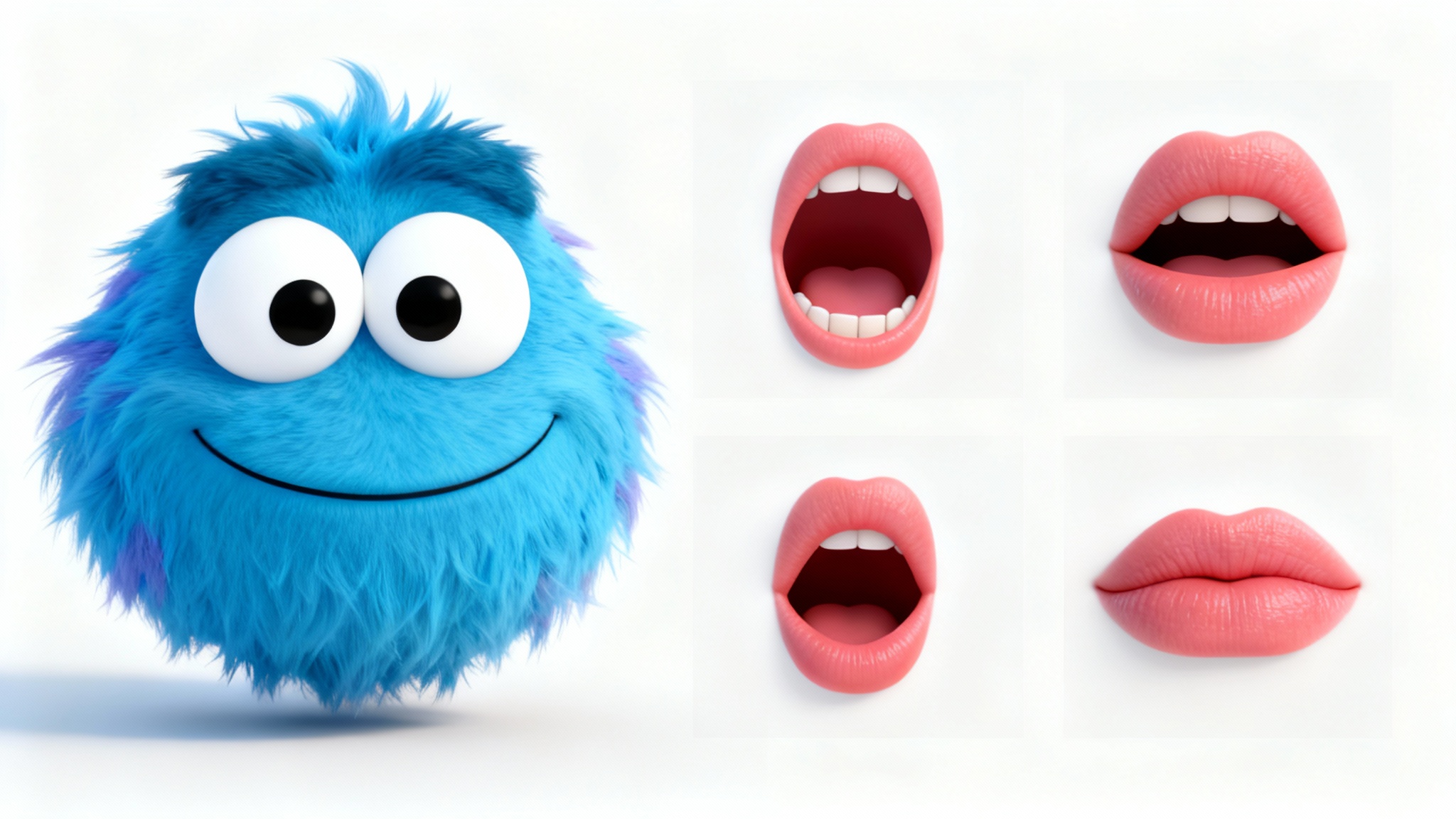 A 3D cartoon of a friendly blue monster's head, illustrating the concept of lip-syncing with four examples of different mouth shapes for speech.