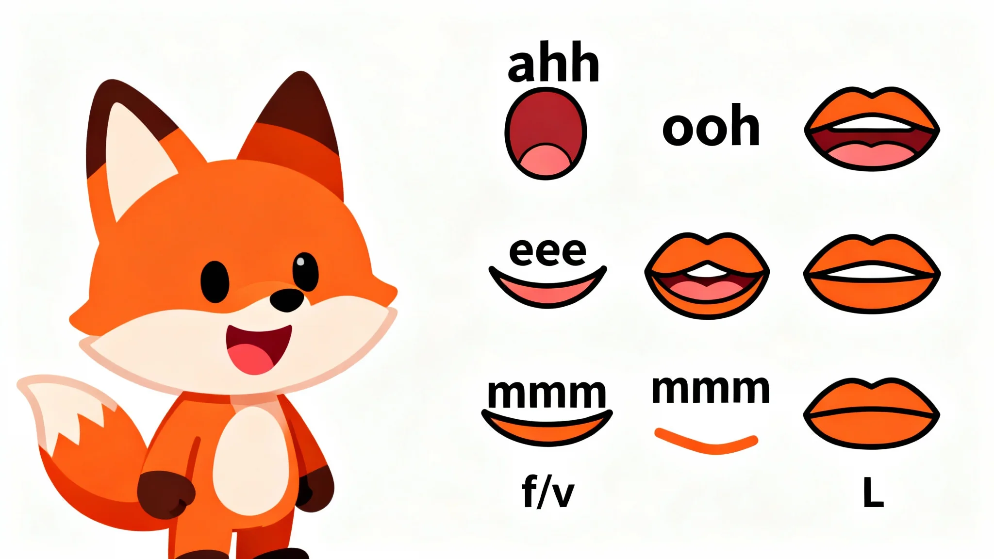 A vector illustration of a cartoon lip sync chart showing nine different mouth shapes for an animated character, displayed on a clean white background.