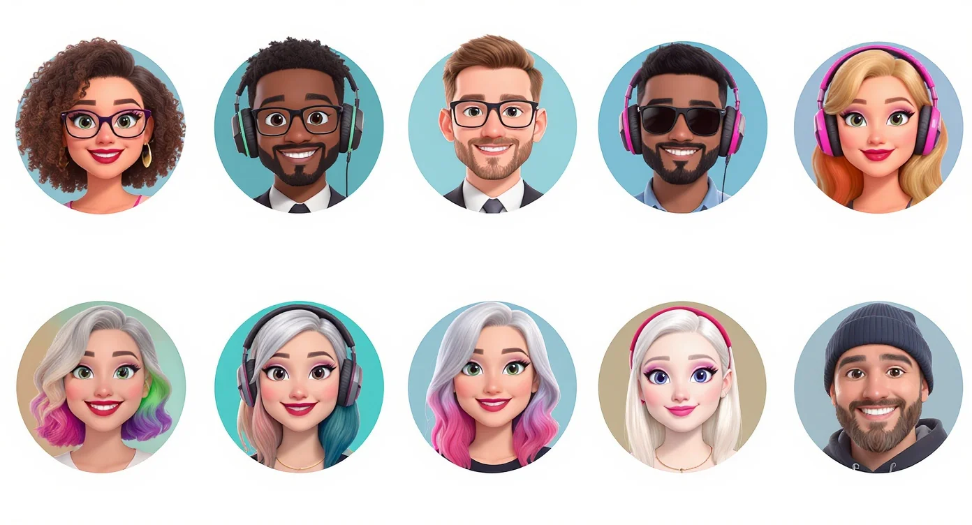 A colorful grid of nine diverse cartoon avatars against a white background, showcasing various styles, genders, and ethnicities for custom profile pictures.