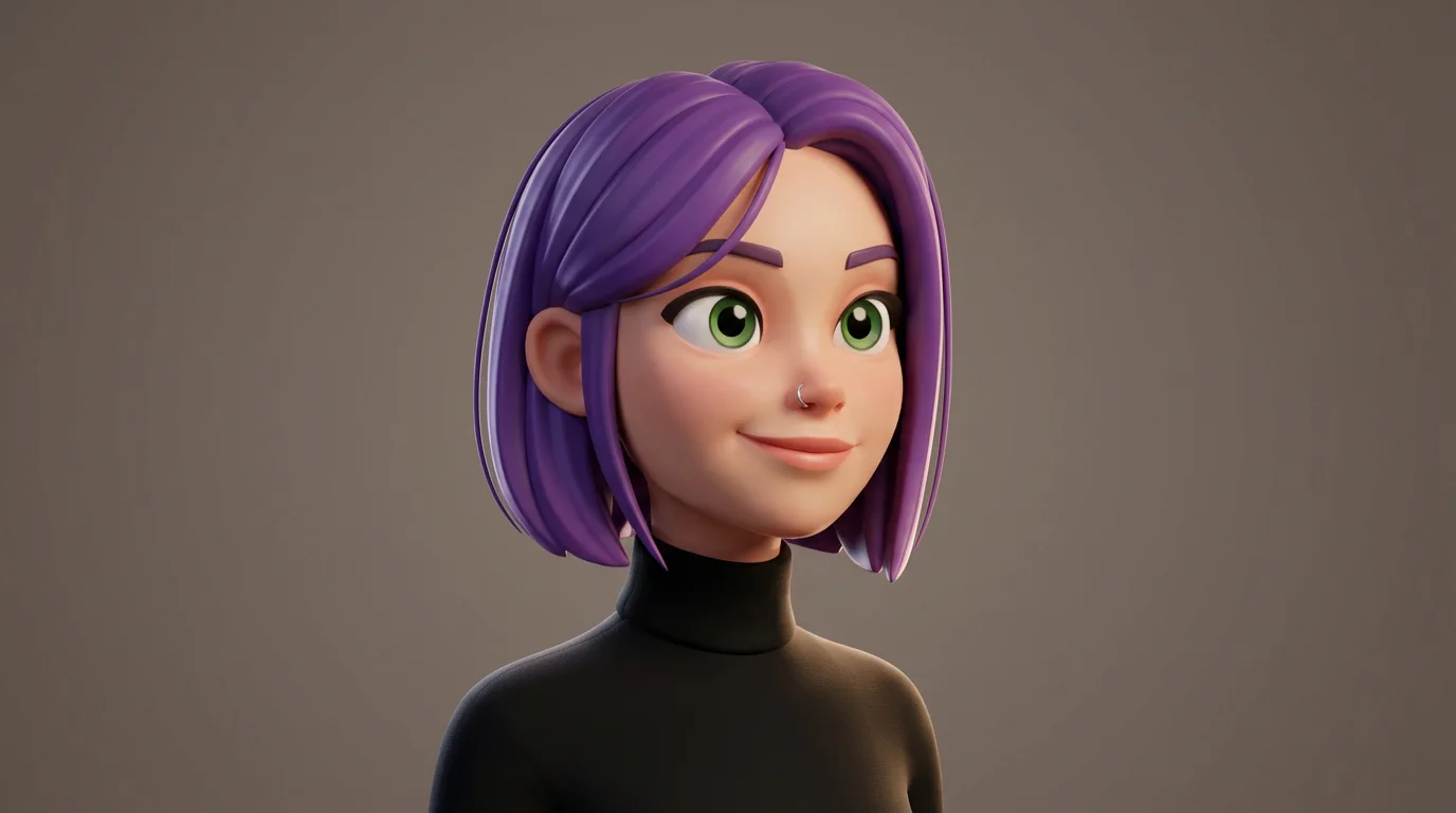A 3D cartoon avatar of a woman with short purple hair and green eyes, smiling confidently against a solid gray background.