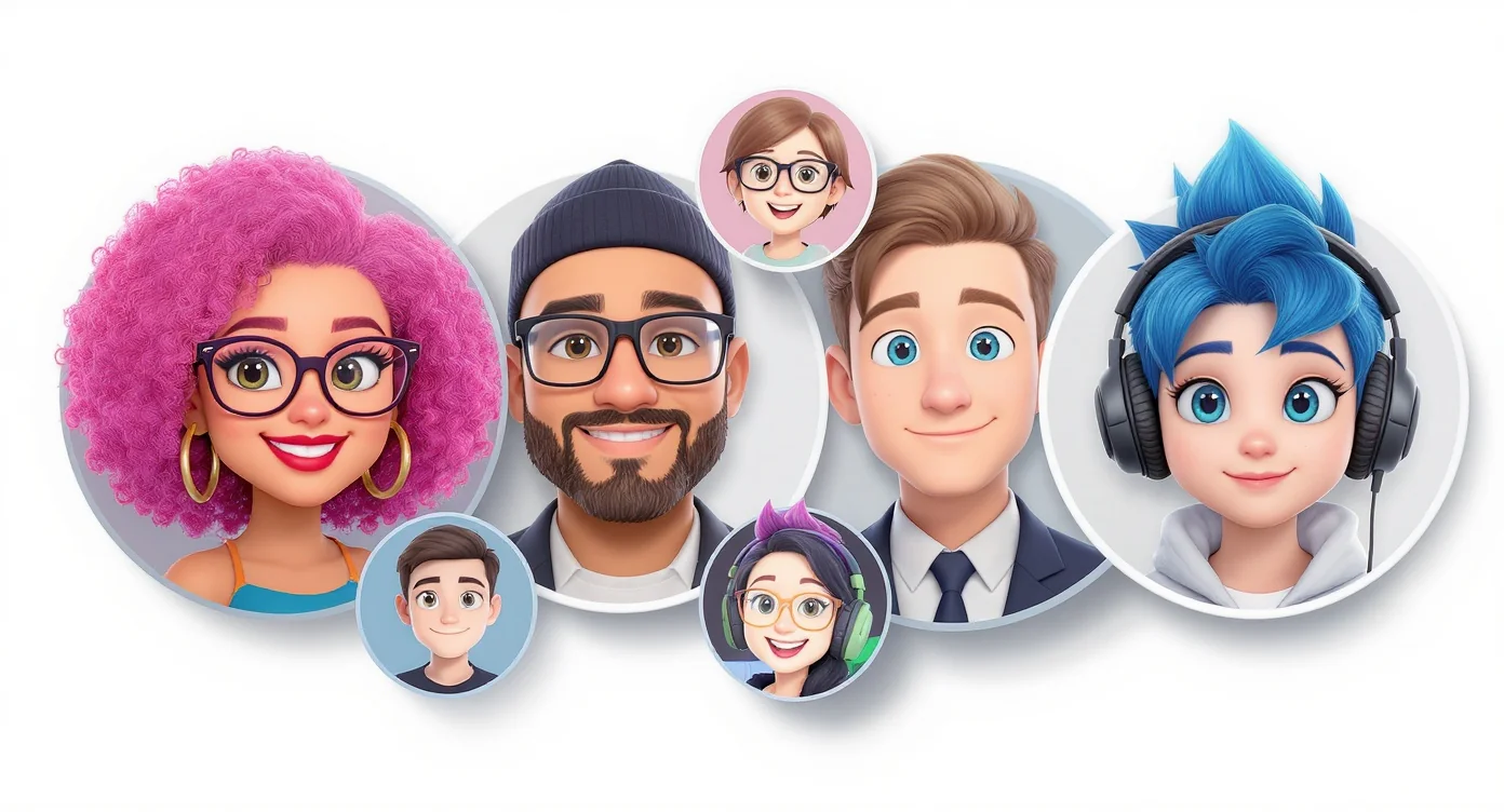 A vibrant collage of diverse custom cartoon avatars displayed against a white background, showcasing different styles, expressions, and accessories like glasses and headphones.