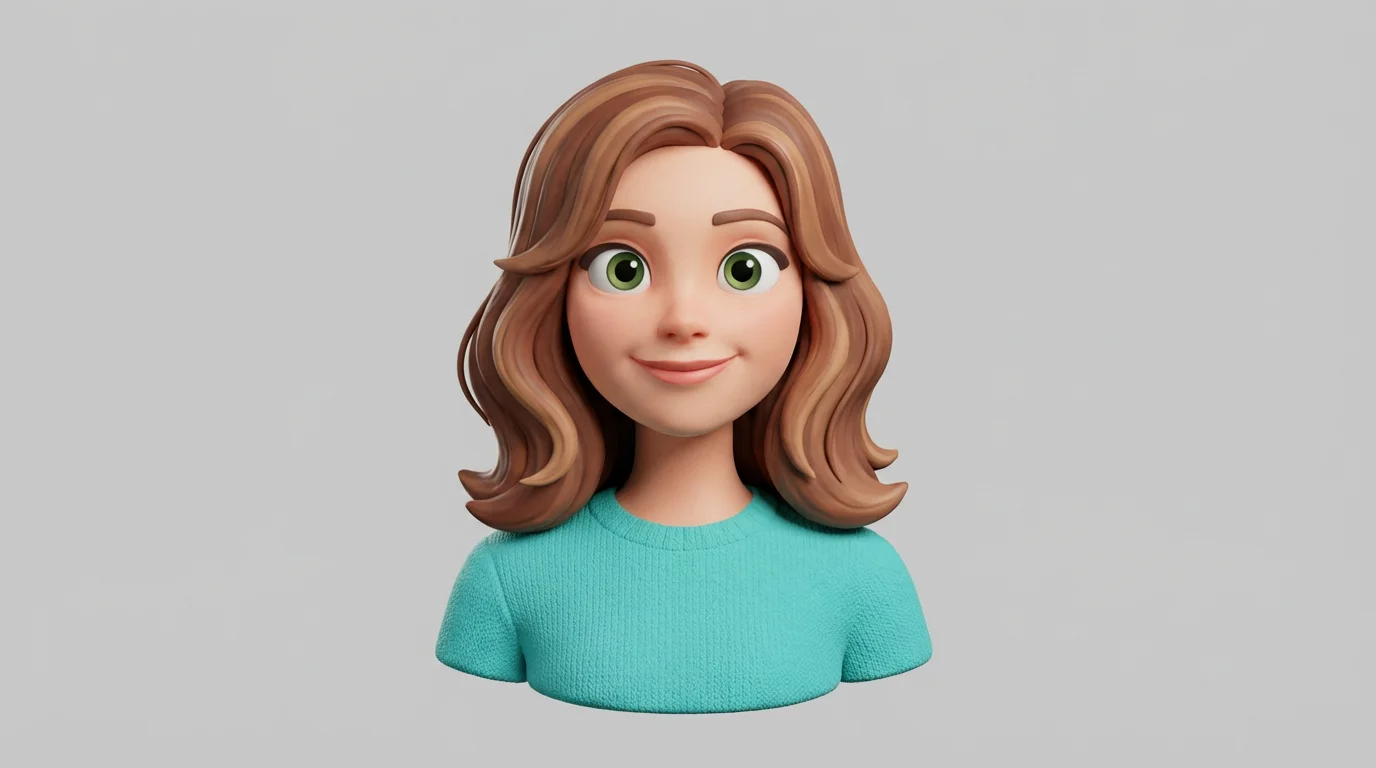 A 3D cartoon avatar of a smiling young woman with brown wavy hair and green eyes, wearing a turquoise sweater, on a light gray background.