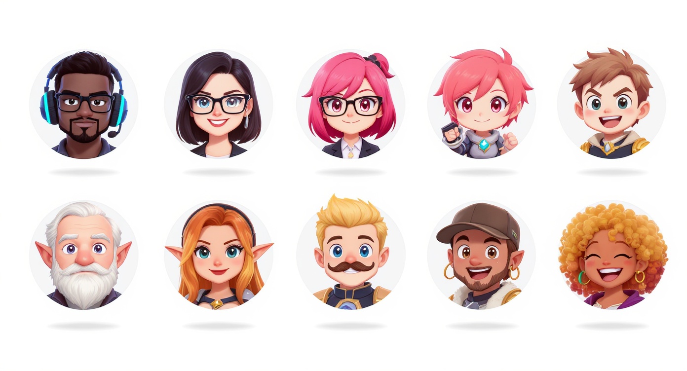 A grid of nine distinct cartoon avatars, each in a circular frame on a white background, showcasing a wide variety of styles, characters, and expressions for custom profile pictures.