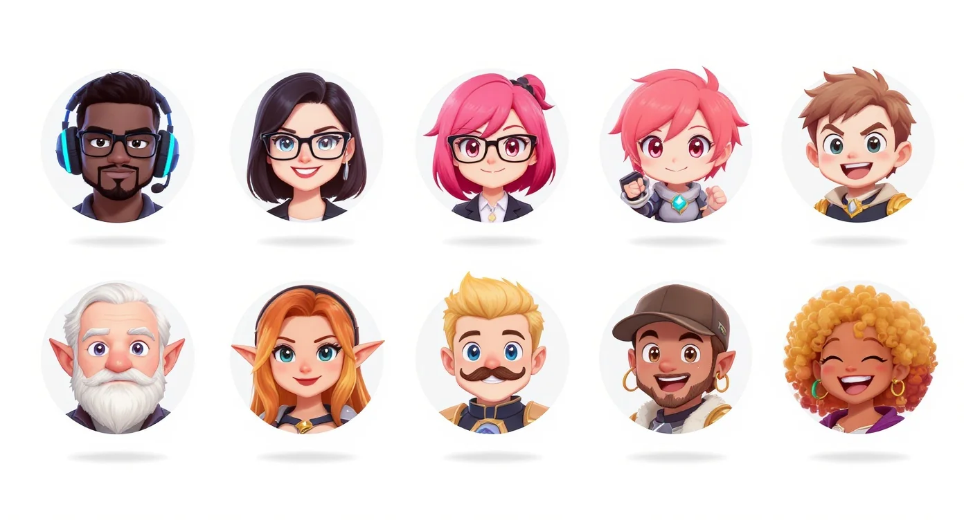 A grid of nine distinct cartoon avatars, each in a circular frame on a white background, showcasing a wide variety of styles, characters, and expressions for custom profile pictures.