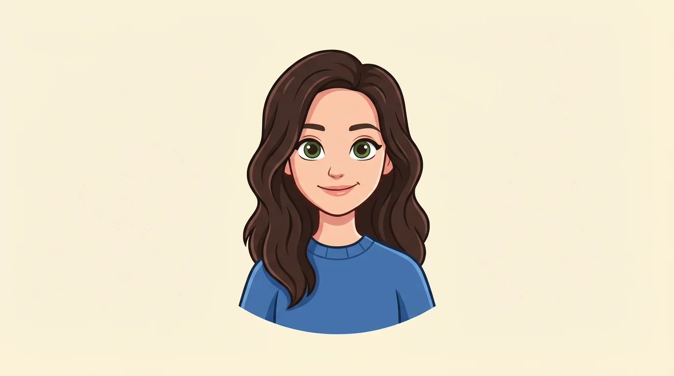 A 2D cartoon avatar of a woman with dark brown hair and a blue sweater, smiling against a cream background.