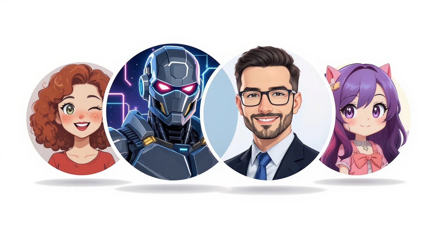 A collage of four different custom cartoon avatars against a white background, showcasing various art styles including 2D flat, 3D render, painterly, and anime for social media, gaming, and brands.